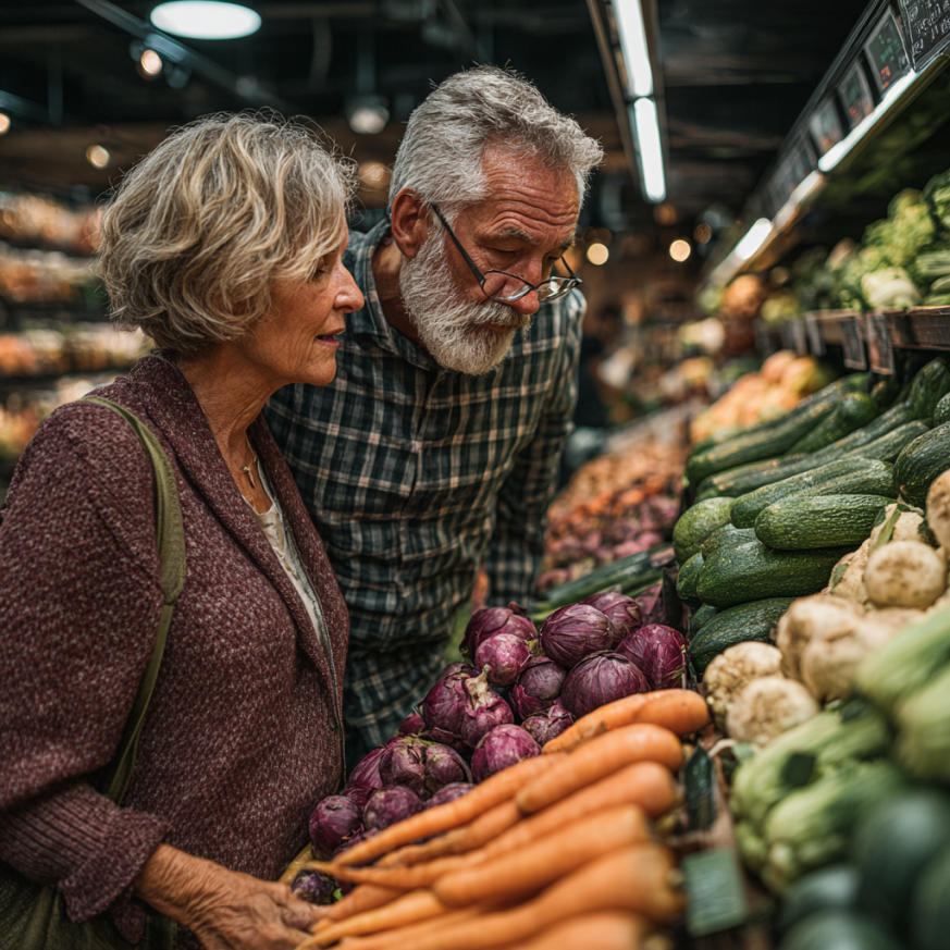 Чоловік старшого віку з дочкою роблять покупки продуктів